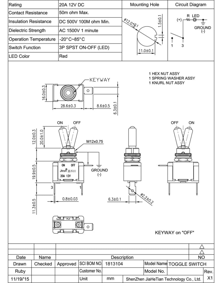 Jtron DV 12V Carbon Fiber Surface Panel Car Toggle Switch with Red LED Indicator