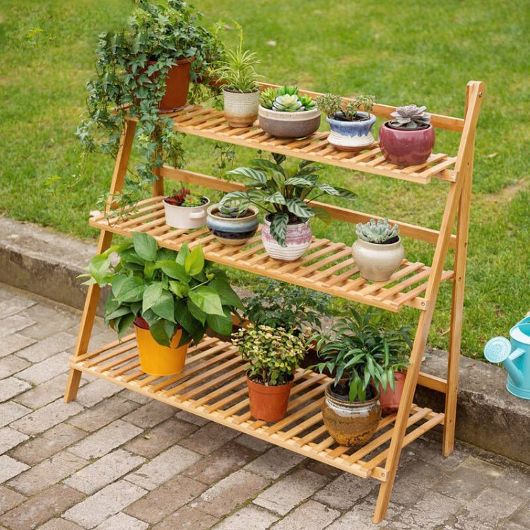 Bamboo 3-Tier Hanging Plant Stand Planter Shelves Flower Pot Storage Rack Folding Display Shelving Plants Shelf, Width: 100cm