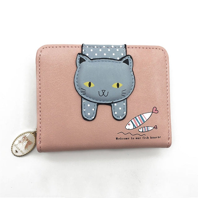 Women Cute Cat Wallet Small Zipper Wallet PU Leather Coin Purse Card Holder