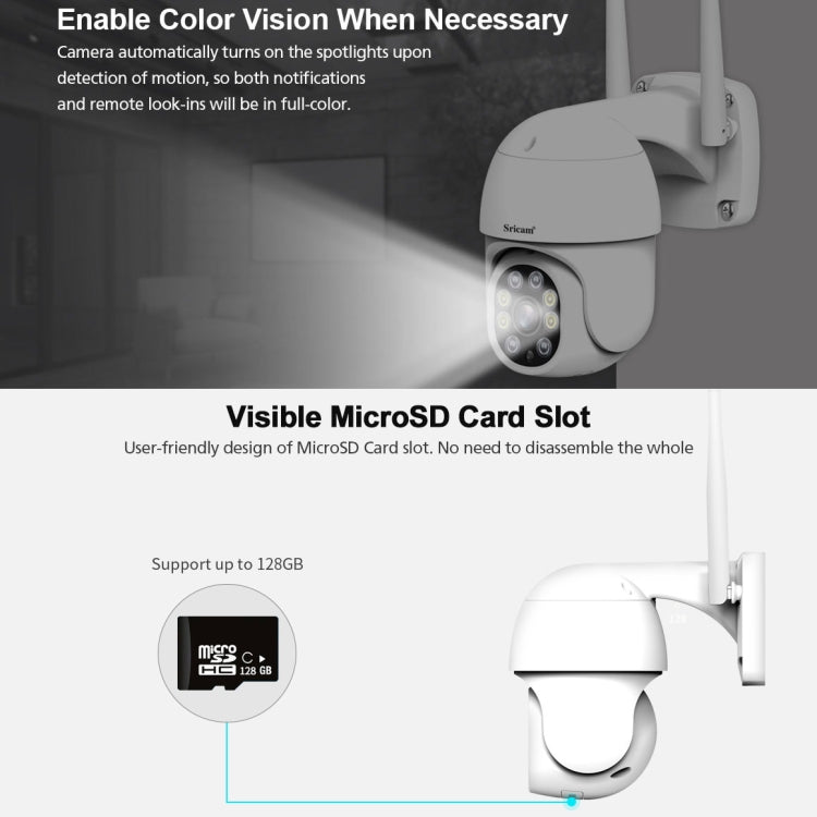 Sricam SP028 1080P HD Outdoor PTZ Camera, Support Two Way Audio / Motion Detection / Humanoid Detection / Color Night Vision / TF Card, US Plug