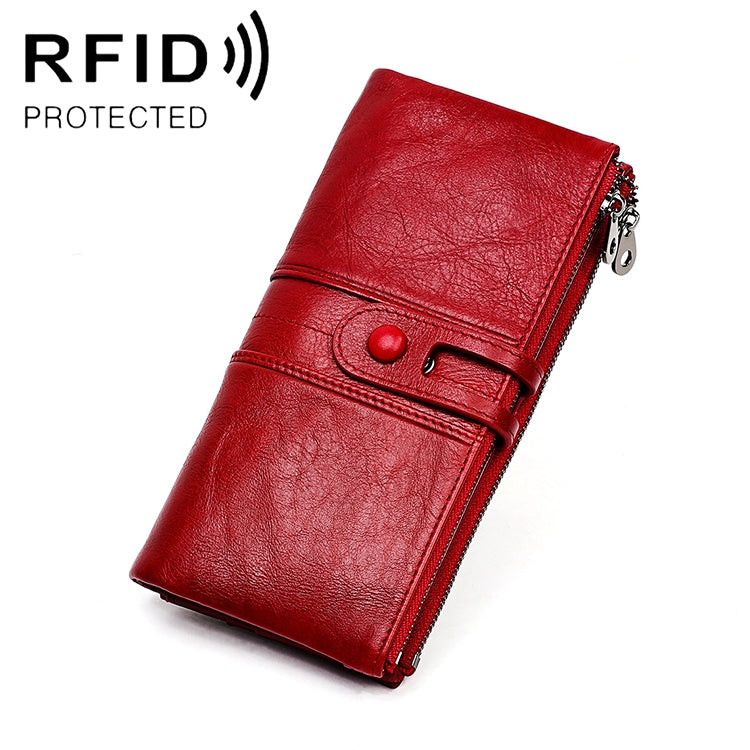 3520 Long Cowhide Leather Folding Anti-magnetic RFID Wallet for Ladies, with Card Slots