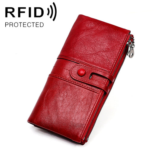 3520 Long Cowhide Leather Folding Anti-magnetic RFID Wallet for Ladies, with Card Slots