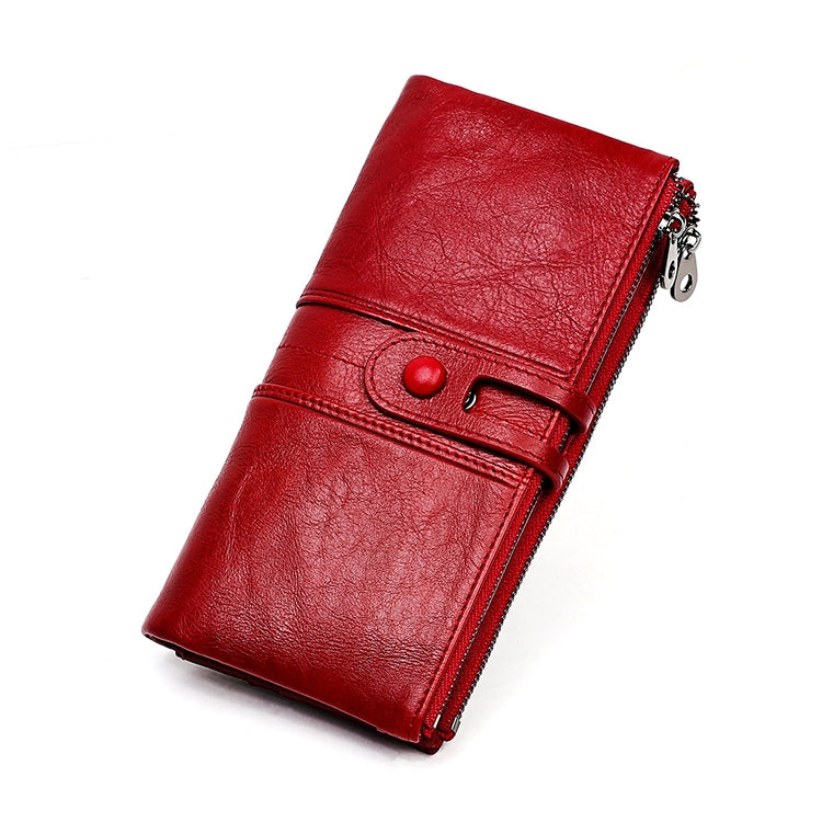 3520 Long Cowhide Leather Folding Anti-magnetic RFID Wallet for Ladies, with Card Slots
