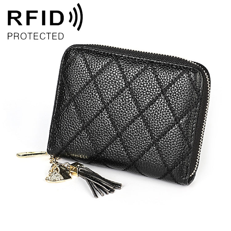 KB213 Diamond Texture Zipper Cowhide Leather Double Row Organ Shape Multiple Card Slots Anti-magnetic RFID Wallet Clutch Bag for Ladies