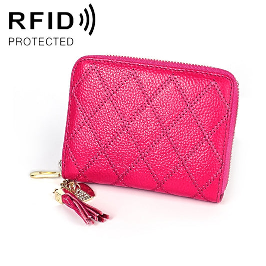 KB213 Diamond Texture Zipper Cowhide Leather Double Row Organ Shape Multiple Card Slots Anti-magnetic RFID Wallet Clutch Bag for Ladies
