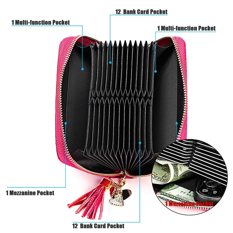 KB213 Diamond Texture Zipper Cowhide Leather Double Row Organ Shape Multiple Card Slots Anti-magnetic RFID Wallet Clutch Bag for Ladies