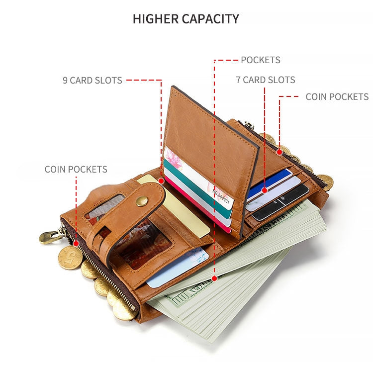 LT3539 Cowhide Leather Zipper Buckle Anti-magnetic RFID Wallet Clutch Bag for Men, with Card Slots & Shoulder Strap