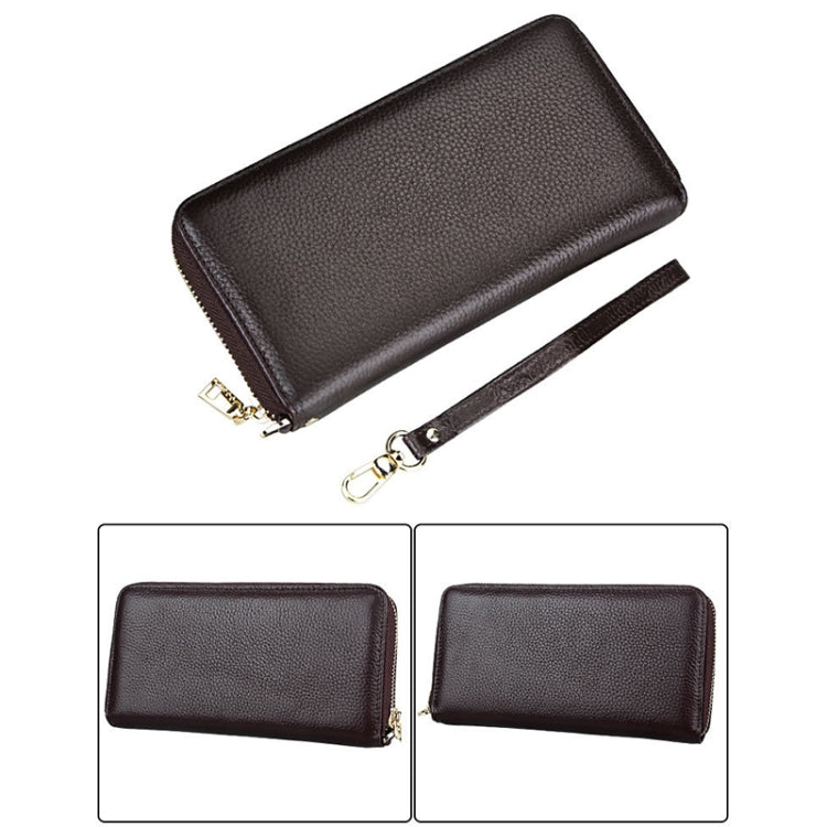 Genuine Cowhide Leather Litchi Texture Zipper Long Style Card Holder Wallet RFID Blocking Coin Purse Card Bag Protect Case with Hand Strap for Women, Size: 20*10.5*3cm