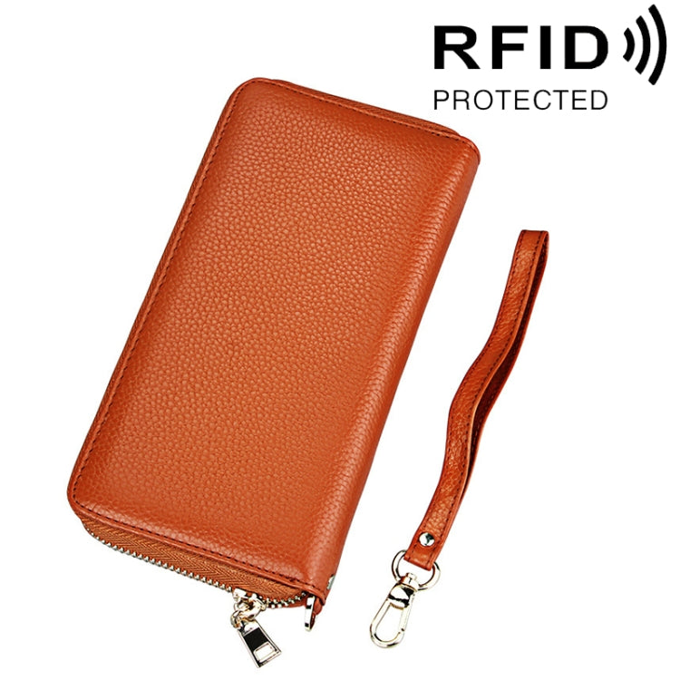 Genuine Cowhide Leather Litchi Texture Zipper Long Style Card Holder Wallet RFID Blocking Coin Purse Card Bag Protect Case with Hand Strap for Women, Size: 20*10.5*3cm