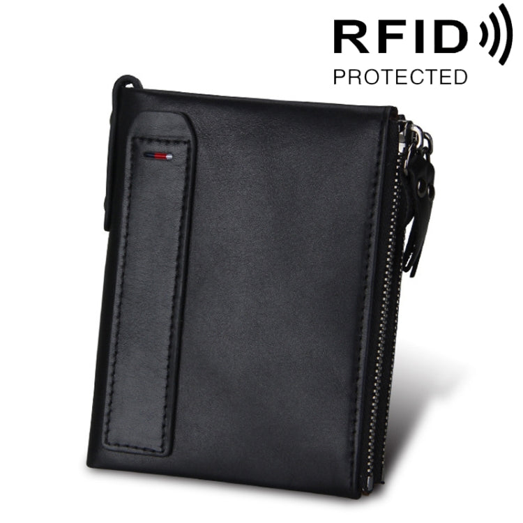 Genuine Cowhide Leather Crazy Horse Texture Dual Zipper Short Style Card Holder Wallet RFID Blocking Card Bag Protect Case for Men, Size: 12.1*9.4*2.7cm