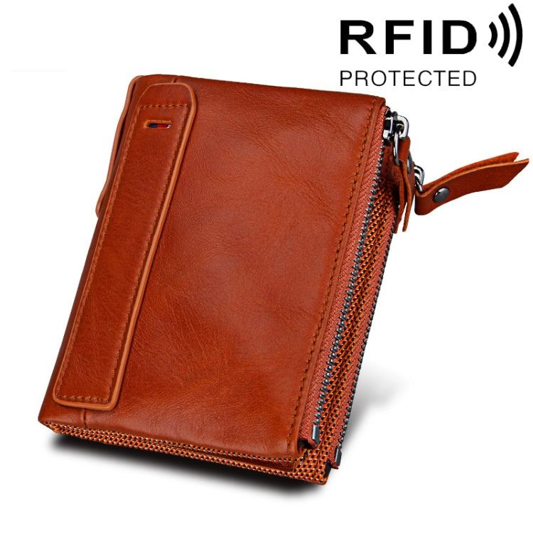 Genuine Cowhide Leather Crazy Horse Texture Dual Zipper Short Style Card Holder Wallet RFID Blocking Card Bag Protect Case for Men, Size: 12.1*9.4*2.7cm