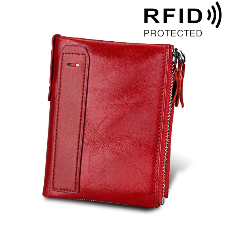 Genuine Cowhide Leather Crazy Horse Texture Dual Zipper Short Style Card Holder Wallet RFID Blocking Card Bag Protect Case for Men, Size: 12.1*9.4*2.7cm