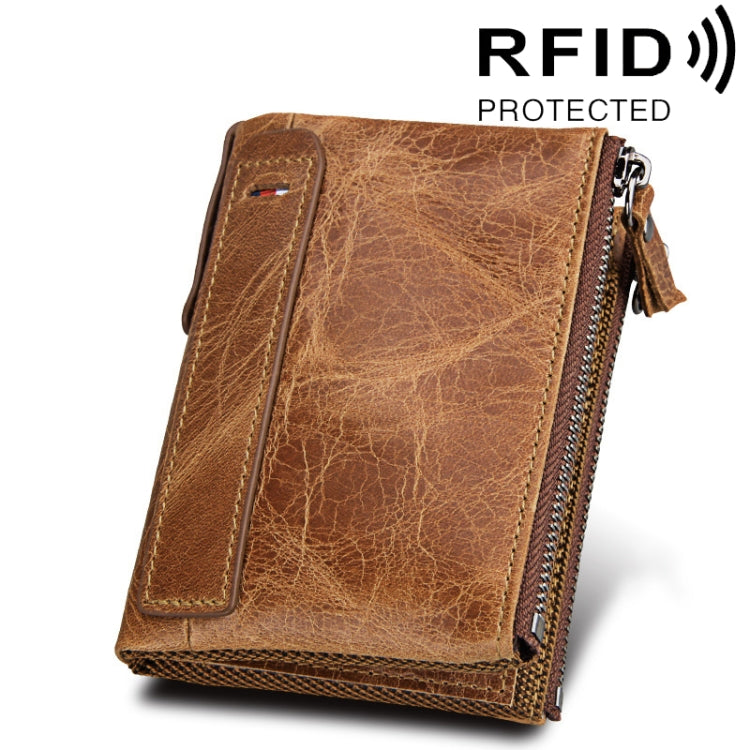 Genuine Cowhide Leather Crazy Horse Texture Dual Zipper Short Style Card Holder Wallet RFID Blocking Card Bag Protect Case for Men, Size: 12.1*9.4*2.7cm