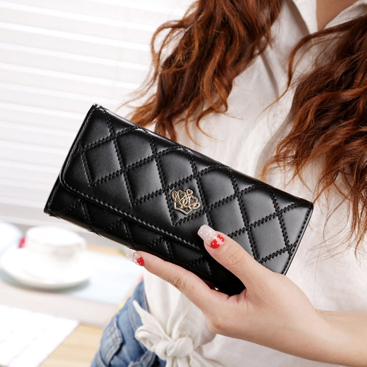 Fashion Argyles Texture Metal Crown 3-Folding Long Design PU Leather Wallet Coin Purse for Women