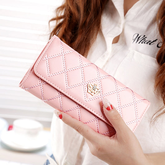 Fashion Argyles Texture Metal Crown 3-Folding Long Design PU Leather Wallet Coin Purse for Women