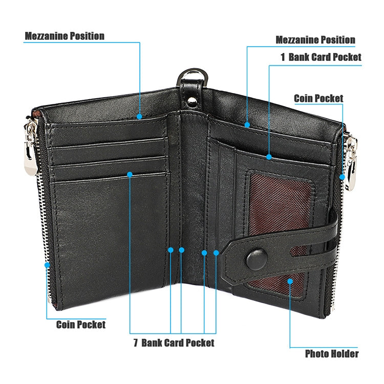 LT3529 Retro Crazy Horse Texture Double Zipper Anti-magnetic RFID Chain Wallet with Card Slots