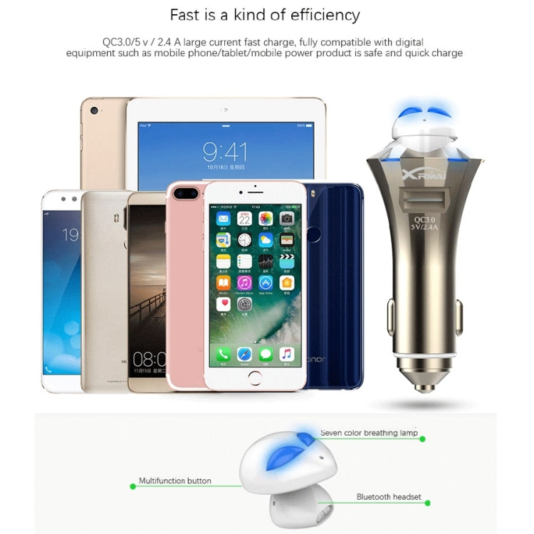 A8 3 in 1 Bluetooth Earphone & Safety Hammer & Car Charger, Support Hands-free Call & USB Quick Charger Function