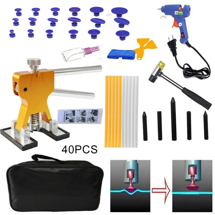 40 in 1 Auto Car Metal PDR Dent Lifter-Glue Puller Tab Hail Removal Paintless Car Dent Repair Tools Kit, with 20W Glue Gun, US Plug or EU Plug