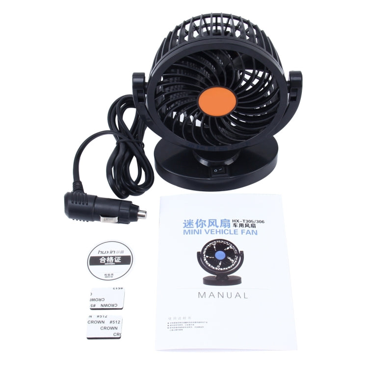 HUXIN HX-T306 6W 360 Degree Adjustable Rotation Low Noise Mini Electric Car Fan, DC 24V