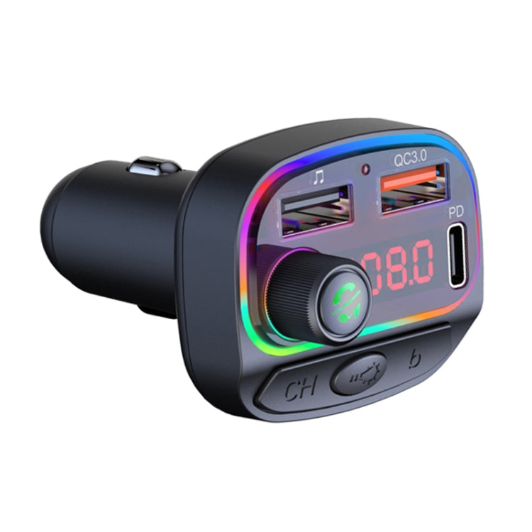 C14 Multifunctional Car Dual QC3.0+PD18W USB Charger Bluetooth FM Transmitter with Atmosphere Light