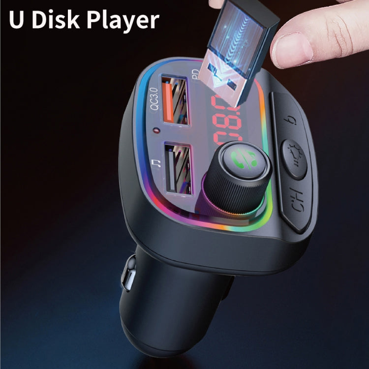 C14 Multifunctional Car Dual QC3.0+PD18W USB Charger Bluetooth FM Transmitter with Atmosphere Light