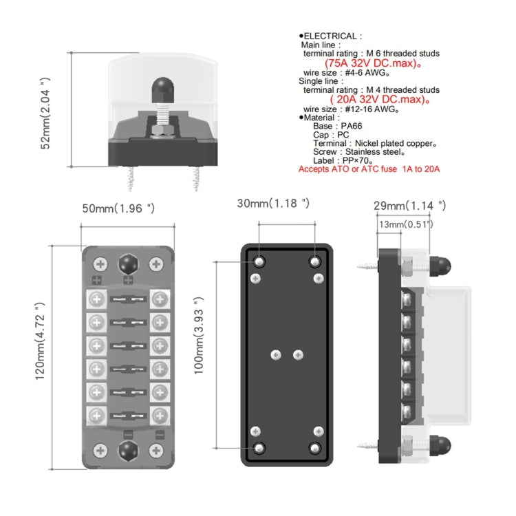CS-978A1 FB1901 1 In 6 Out Independent Positive Negative Fuse Box without Fuse Piece for Auto Car Truck Boat