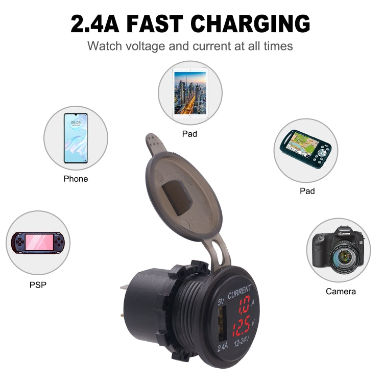 Universal Car Single Port USB Charger Power Outlet Adapter 2.4A 5V IP66 with LED Digital Voltmeter + Ammeter + 60cm Cable
