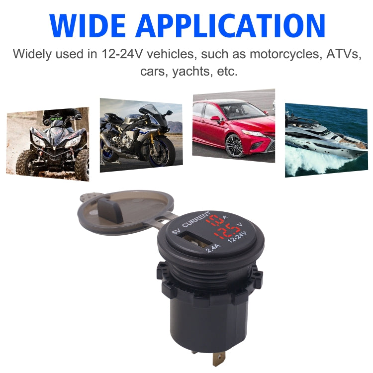 Universal Car Single Port USB Charger Power Outlet Adapter 2.4A 5V IP66 with LED Digital Voltmeter + Ammeter + 60cm Cable