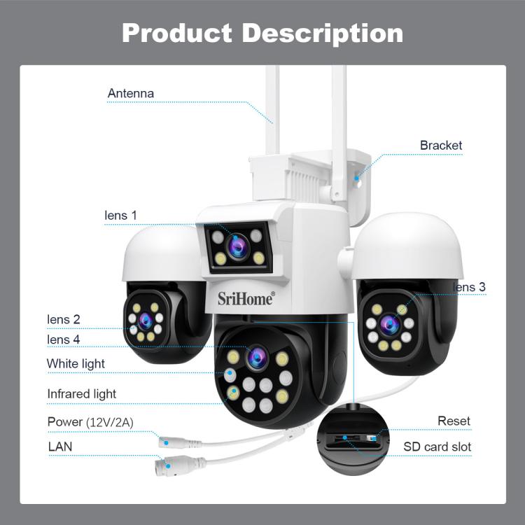 SriHome SH069 8MP 3X Digital Zoom HD Quad-lens Security Camera