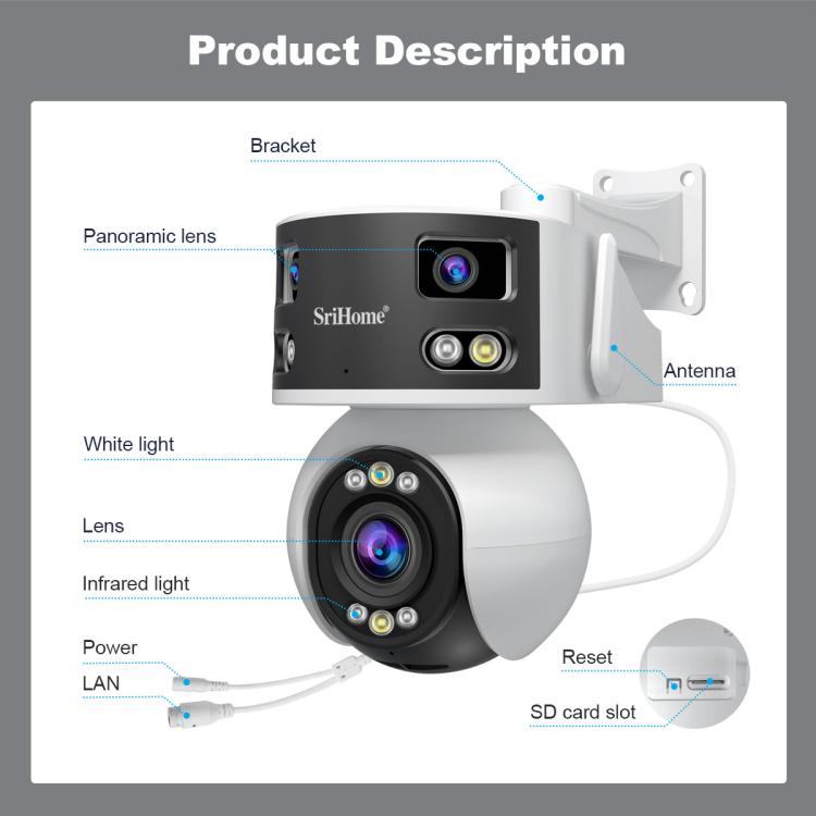 SriHome SH055B 8MP HD Multi-lens Super Wide Angle Panoramic PTZ Dome Camera