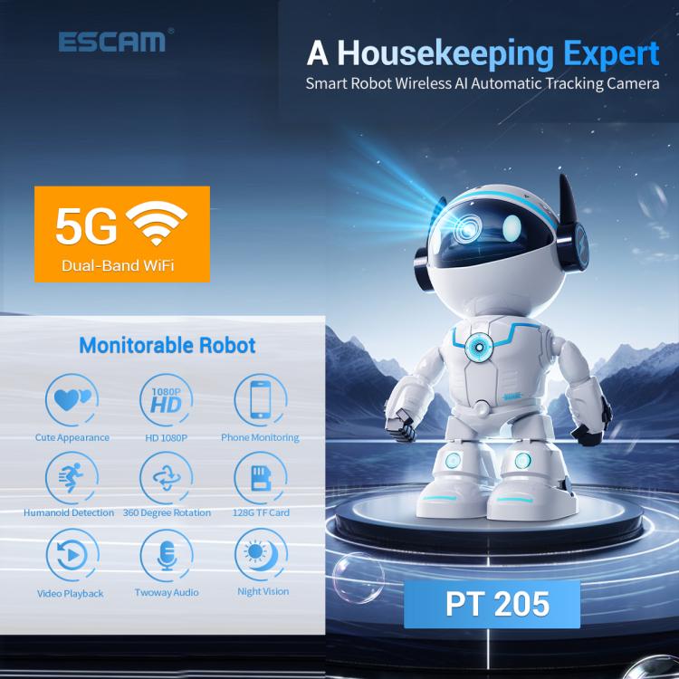 ESCAM PT205 5G WiFi Smart Robot Wireless AI Automatic Tracking Camera, Two Way Audio / Night Nersion