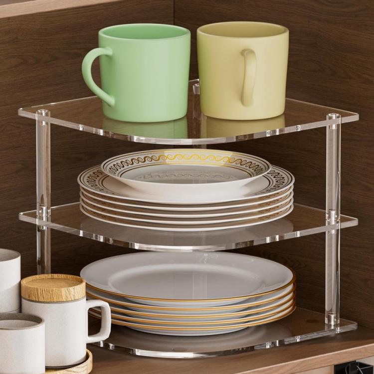 YX165 Acrylic 3 Tier Corner Plates and Bowls Organizer Shelf
