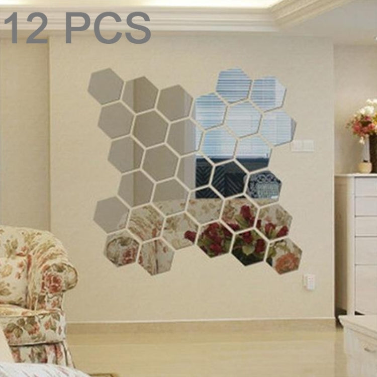 12 PCS 3D Hexagonal Mirror Wall Stickers Set, Size: 10*10cm