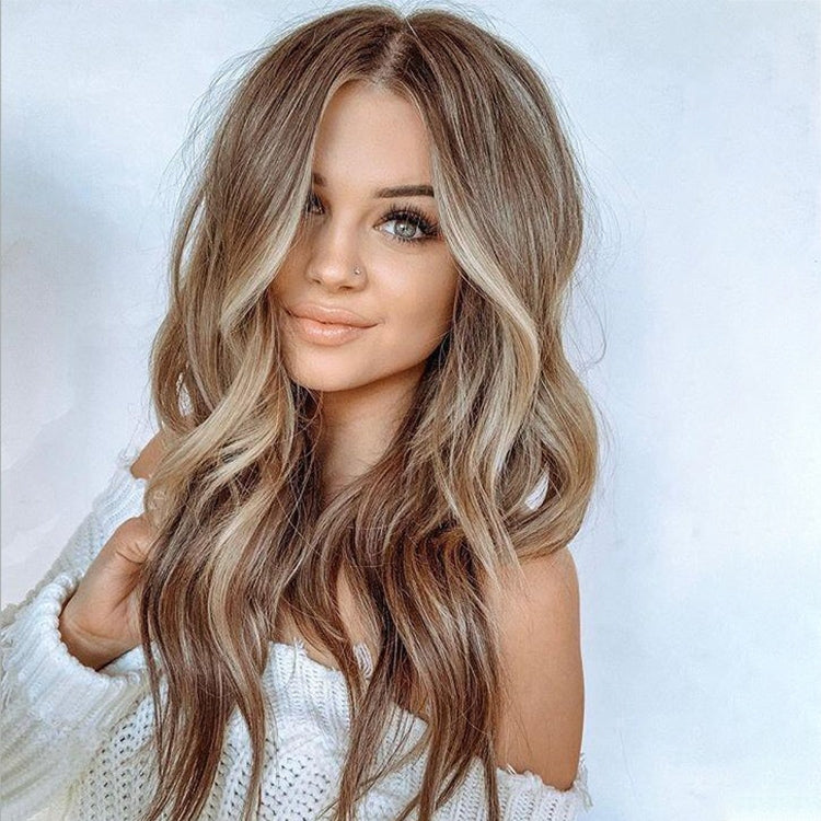 A557 Ladies Mid-point Big Wave Linen Brown Mixed Color Long Curly Wig