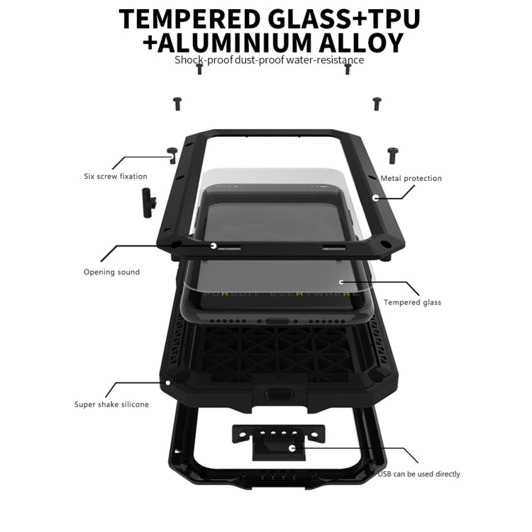 For iPhone XS Max Waterproof Dustproof Shockproof Aluminum Alloy + Tempered Glass + Silicone Case