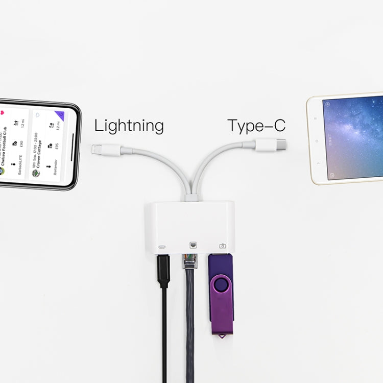 NK-107 Pro 3 in 1 USB-C / Type-C + 8 Pin Male to USB + RJ45 + 8 Pin Charging Female Interface Adapter