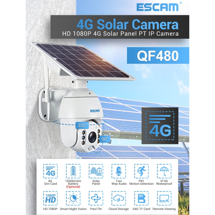 ESCAM QF480 EU Version HD 1080P IP66 Waterproof 4G Solar Panel PT IP Camera without Battery, Support Night Vision / Motion Detection / TF Card / Two Way Audio