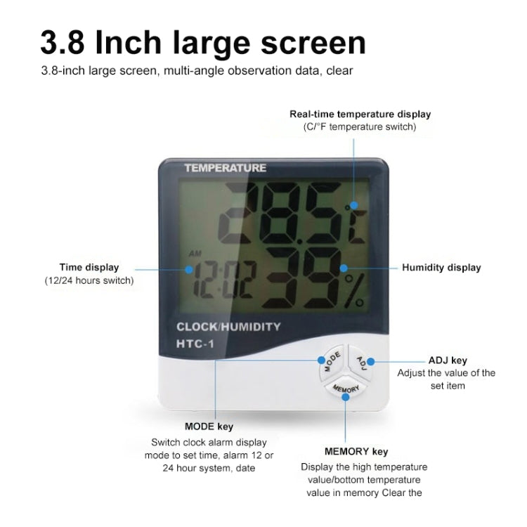 3.8 inch LCD Digital Temperature & Humidity Meter with Clock / Calendar (HTC-1)