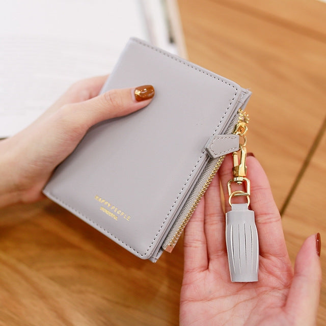 Brief Design Bifold Tassel Women Wallet PU Leather Short Credit Card Holder Purse