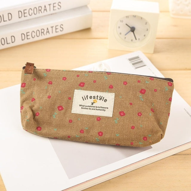 Cute Floral Canvas Zipper Pencil Cases Flower Tree Pen Bags