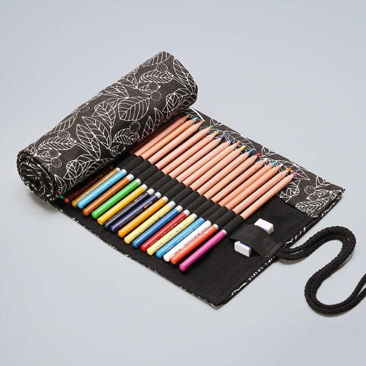 12 Holes Black Leaf Canvas Printing Pen Curtain Large Capacity Roll Pen Bag Sketch Color Lead Pen Bag