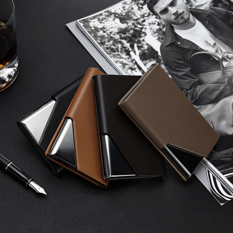 Men Leather Stainless Steel Business Card Clamp, Black, Brown, Grey, Apricot