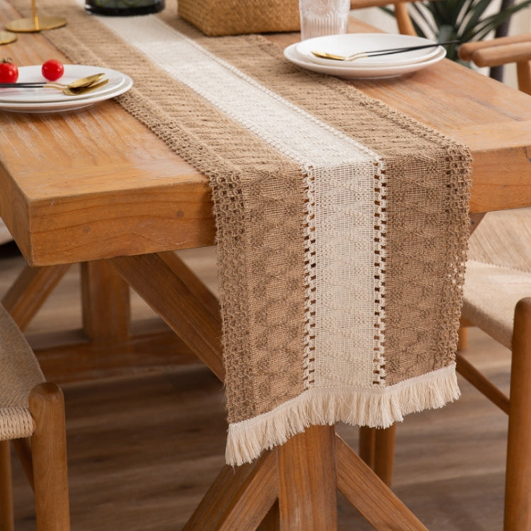 Cotton and Linen Woven Colorblock Tassel Striped Rhombus Table Runner, 30x120cm, 30x140cm, 30x160cm, 30x180cm, 30x200cm, 30x220cm, 30x240cm, 30x275cm, 30x300cm, 30x50cm
