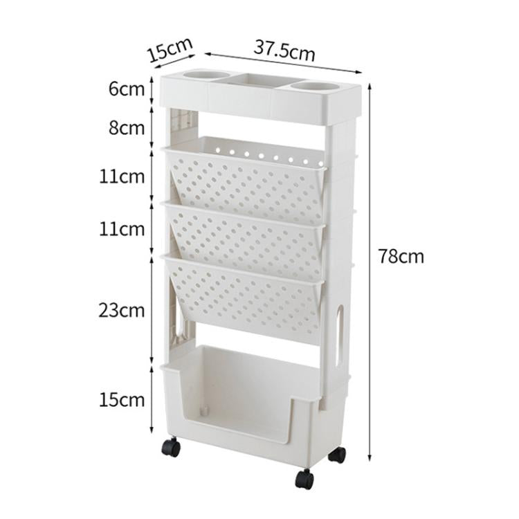 5-layer Movable Trolley Plastic Storage Rack for Student Books Vertical Bookshelves