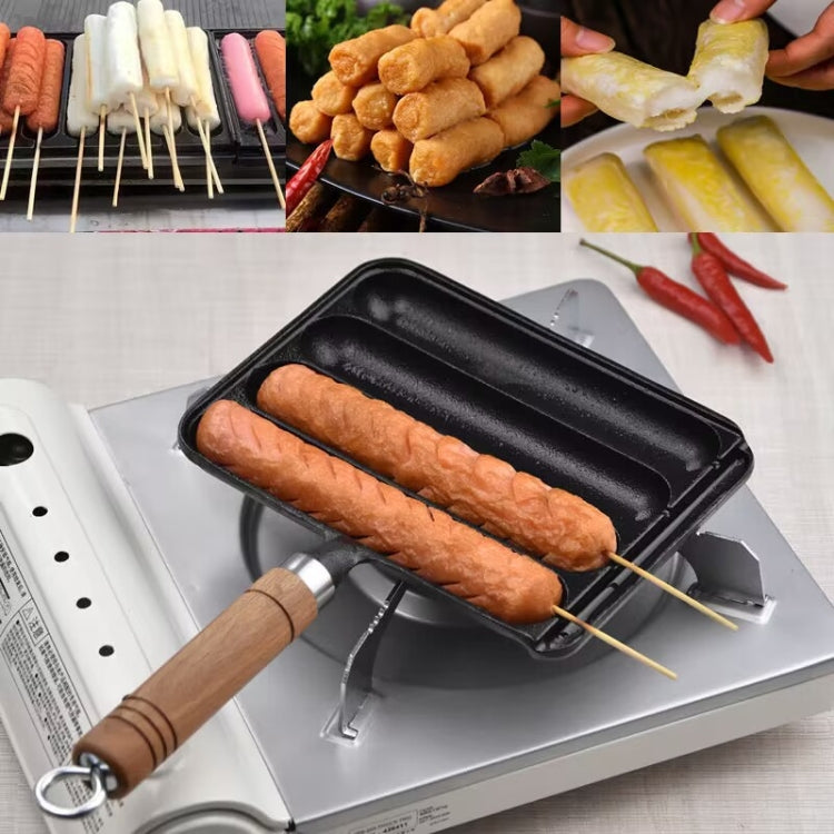 Cast Iron Grill Pan 4-Grid Non-Stick Sausage Grill Pan With Wood Handle