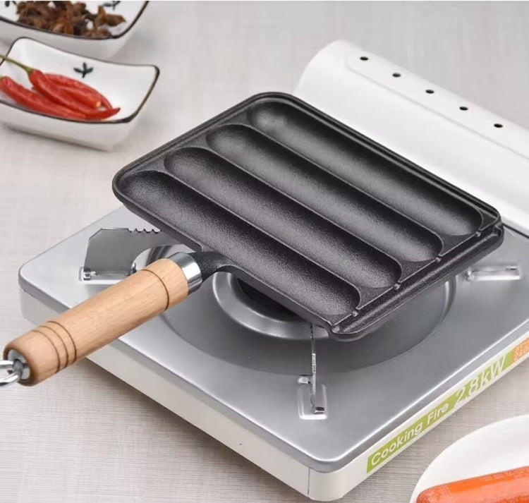 Cast Iron Grill Pan 4-Grid Non-Stick Sausage Grill Pan With Wood Handle