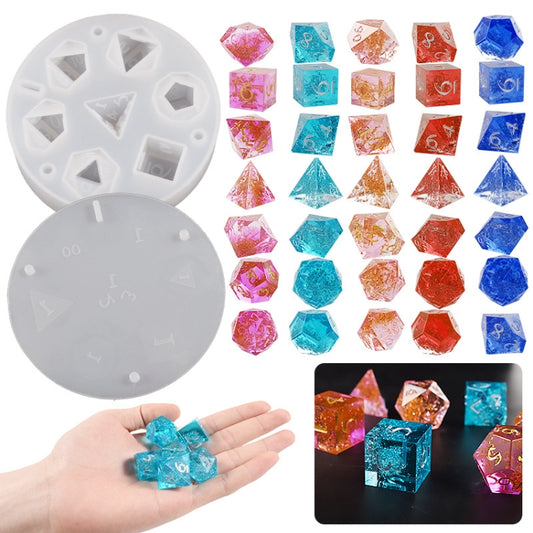 Silicone Dice Resin Molds with 7 Standard Polyhedral Stereoscopic Dice Cavities, Dice