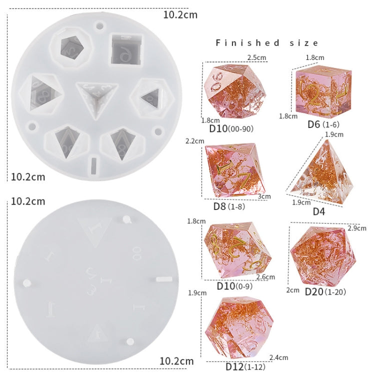 Silicone Dice Resin Molds with 7 Standard Polyhedral Stereoscopic Dice Cavities, Dice