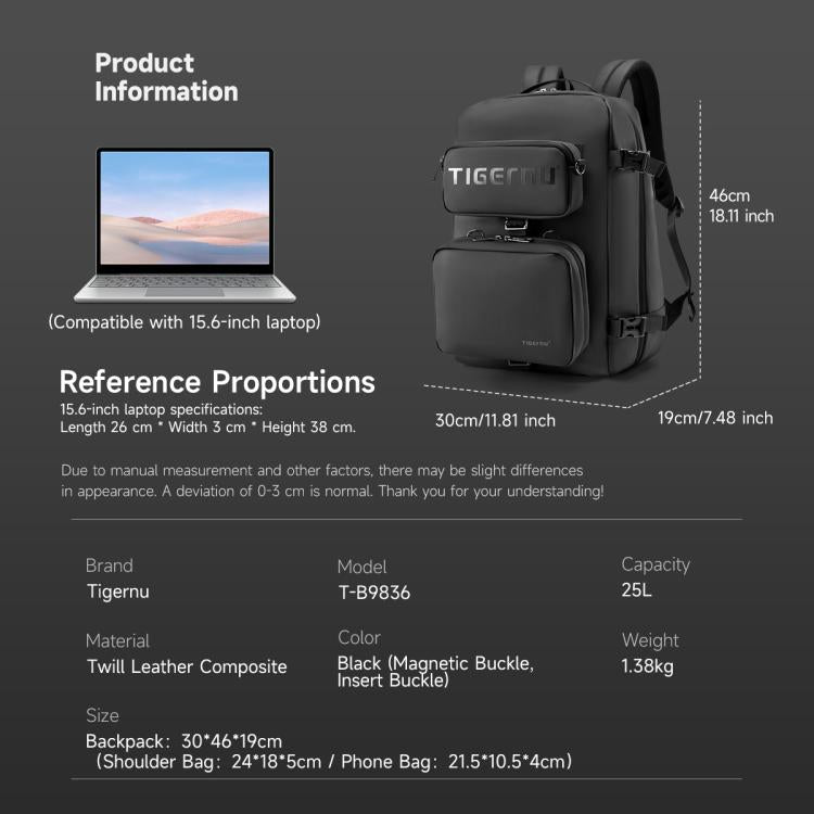 Tigernu T-B9836 3-in-1 Detachable Men Backpack Convertible Travel Laptop Bag for Sports & Commuting