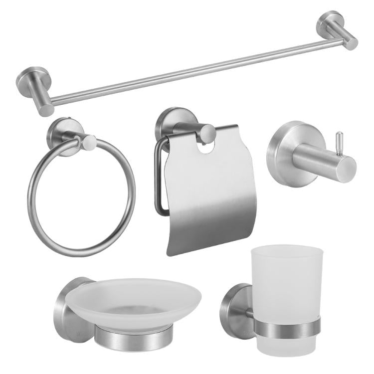6-in-1 Stainless Steel Bathroom Hardware Set - Towel Bar, Ring, Toilet Paper Holder, Hooks, Soap Dish, Cup Holder for Shower Wall Organization